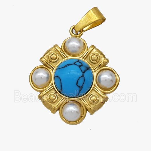 Stainless Steel Pendant Blue Howlite Pearlized Resin Gold Plated