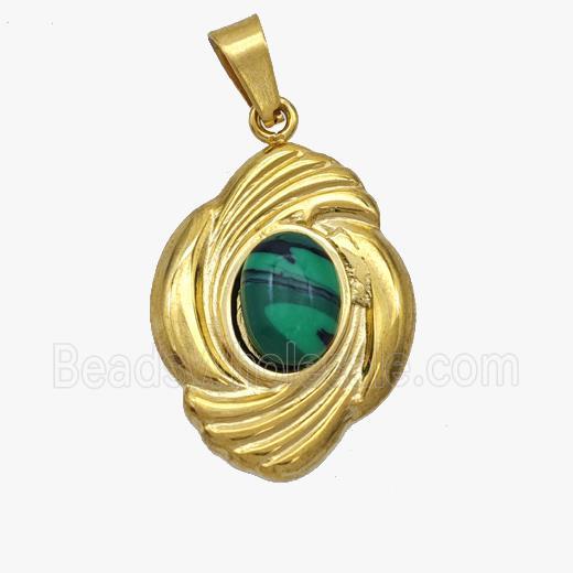 Stainless Steel Flower Pendant Pave Synthetic Malachite Gold Plated