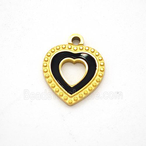 Stainless Steel Heart Pendant Pave Black Acrylic Gold Plated
