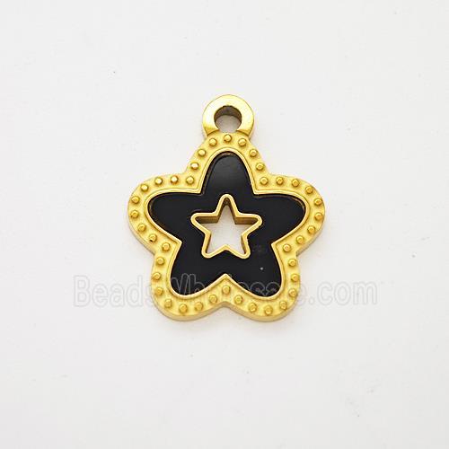 Stainless Steel Star Pendant Pave Black Acrylic Hollow Gold Plated