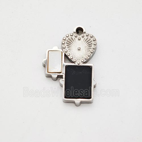 Raw Stainless Steel Heart Rectangle Pendant Pave Shell Acrylic