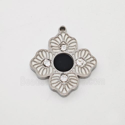 Raw Stainless Clover Leaf Pendant Pave Rhinestone Black Acrylic