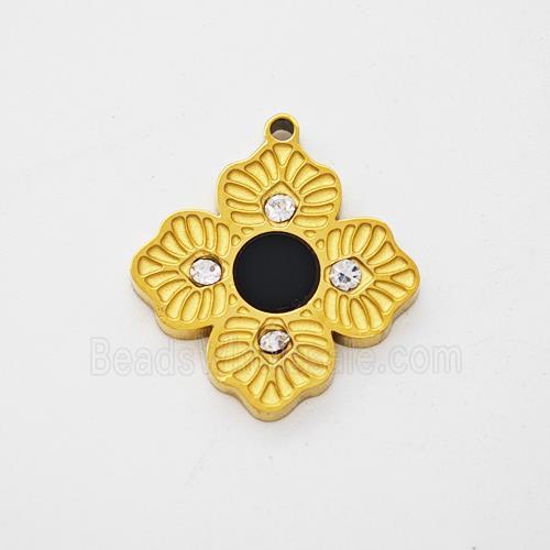 Stainless Steel Clover Pendant Pave Rhinestone Black Acrylic Gold Plated