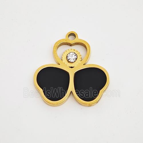 Stainless Steel Clover Pendant Pave Black Acrylic Rhinestone Gold Plated