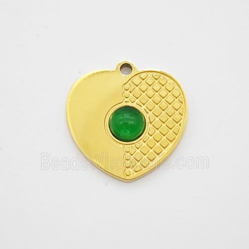 Stainless Steel Heart Pendant Pave Green Jade Gold Plated