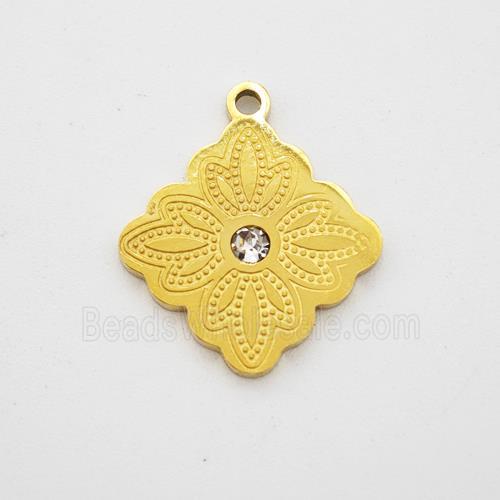 Stainless Steel Flower Pendant Pave Rhinestone Gold Plated