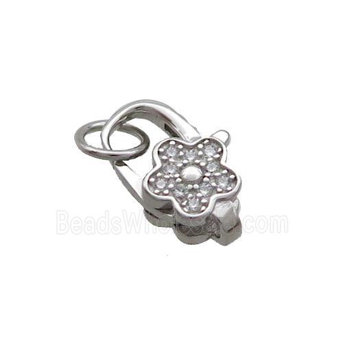 Sterling Silver Lobster Clasp Pave Zircon Flower Platinum Plated