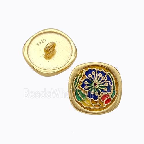 925 Sterling Silver Button Beads Flower Enamel Gold Plated