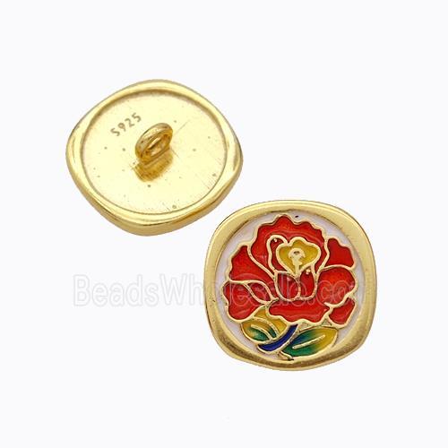925 Sterling Silver Button Beads Flower Enamel Gold Plated