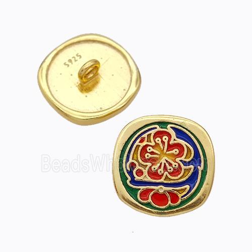 925 Sterling Silver Button Beads Flower Enamel Gold Plated