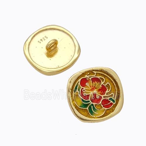 925 Sterling Silver Button Beads Flower Enamel Gold Plated