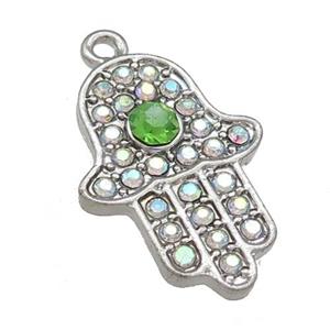 Tibetan Style Zinc Hamsahand Charms Pendant Pave Rhinestone Antique Silver, approx 18-25mm [AD92888]