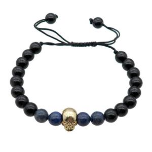 black Onyx Agate Bracelet with skull charm, adjustable, approx 8mm dia [BR10545]