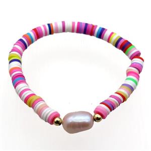 Polymer Clay Bracelet with Pearl, stretchy, approx 6mm dia [BR10573]