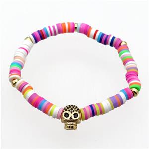 Polymer Clay Bracelet with Skull charm, stretchy, approx 6mm dia [BR10575]