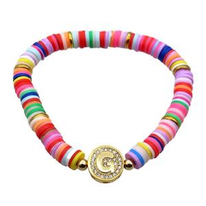 Polymer Clay Bracelets with letter bead, stretchy, approx 6mm dia [BR10579]