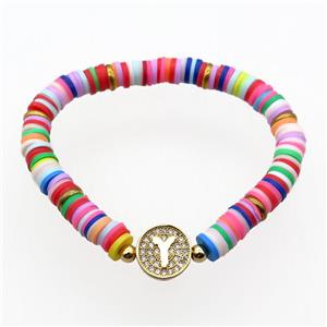 Polymer Clay Bracelets with letter bead, stretchy, approx 6mm dia [BR10580]
