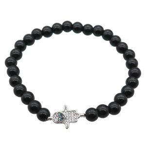 black agate bracelet with hamsahand, stretchy, approx 6mm dia [BR10587]