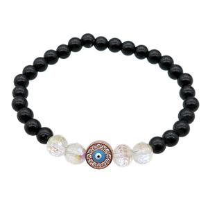 black agate bracelet with evil eye, stretchy, approx 6mm dia [BR10588]