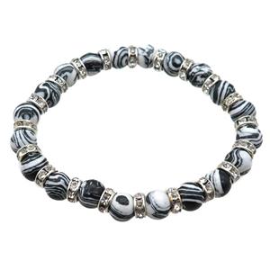 Synthetic Malachite Bracelet with rhinestone beads, stretchy, approx 8mm dia [BR10593]