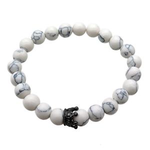 white Howlite Turquoise Bracelet with crown, stretchy, approx 8mm dia [BR10598]