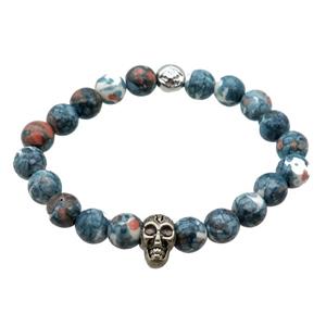 blue Rainforest Stone Bracelets with skull, stretchy, approx 8mm dia [BR10609]