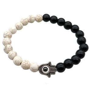 black Onyx Agate and white turquoise Bracelet with hamsahand, stretchy, approx 8mm dia [BR10614]