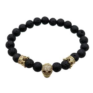 black Lava Stone Bracelet with skull, stretchy, approx 8mm dia [BR10623]