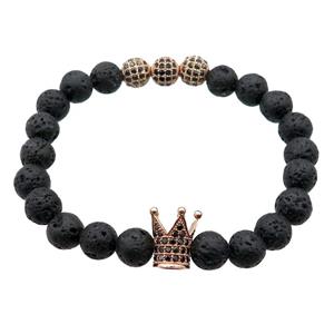 black Lava Stone Bracelets with crown, stretchy, approx 8mm dia [BR10624]