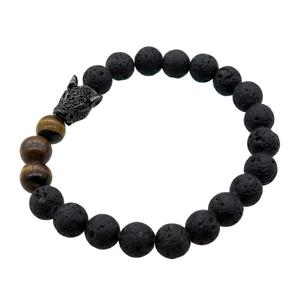 black Lava stone Bracelet with leopard, stretchy, approx 8mm dia [BR10625]