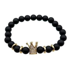 black matte Onyx Agate Bracelet with crown, stretchy, approx 8mm dia [BR10630]