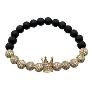 black matte Onyx Agate Bracelet with crown, stretchy, approx 8mm dia [BR10631]