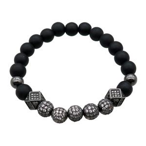 black matte Onyx Agate Bracelet with copper beads pave zircon, stretchy, approx 8mm dia [BR10633]