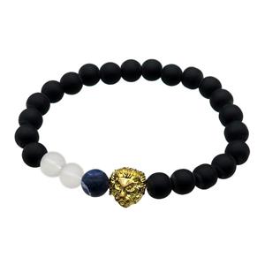 black matte Onyx Agate Bracelet with lion, stretchy, approx 8mm dia [BR10634]
