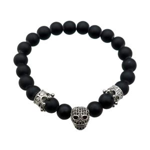 black matte Onyx Agate Bracelet with skull, stretchy, approx 8mm dia [BR10637]