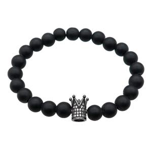black matte Onyx Agate Bracelet with crown, stretchy, approx 8mm dia [BR10641]