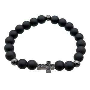 black matte Onyx Agate Bracelet with cross, stretchy, approx 8mm dia [BR10646]