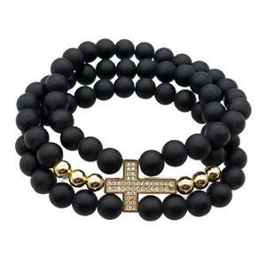black matte Onyx Agate Bracelet with cross, stretchy, approx 8mm, 3Rows [BR10656]