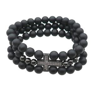 black matte Onyx Agate Bracelet with cross, stretchy, approx 8mm, 3Rows [BR10657]
