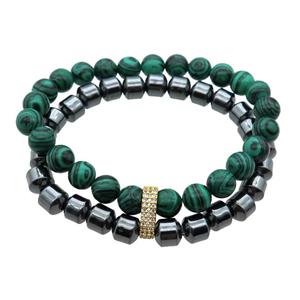 malachite and hematite bracelet, stretchy, approx 8mm, 2Rows [BR10658]