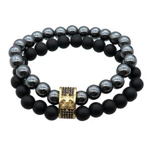 black onyx agate and hematite bracelet, stretchy, approx 8mm, 2Rows [BR10659]