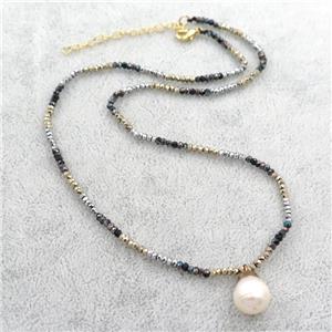 Hematite Necklace with pearl, multicolor, approx 2mm, 10mm, 40cm length [BR10699]
