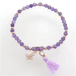 purple Amethyst Bracelet with tassel, stretchy, approx 4mm, 50mm dia [BR10706]