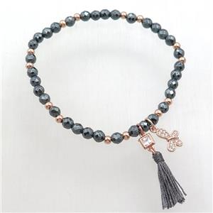 black Hematite Bracelet with tassel, stretchy, approx 4mm, 50mm dia [BR10708]