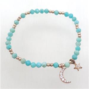 Amazonite Bracelet with star moon, stretchy, approx 4mm, 50mm dia [BR10710]