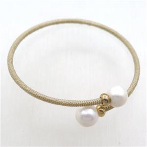 copper Bangle with Pearl, beige fabric wrapped, approx 2.5mm, 10mm, 55mm dia [BR10721]