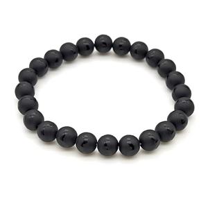 Natural Black Onyx Agate Bracelet Smooth Round Wave Stretchy, approx 8mm [BR11149]