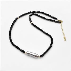 Black Onyx Agate Necklace With Pearl Faceted Rondelle, approx 8-20mm, 4mm, 38-43cm length [BR11181]
