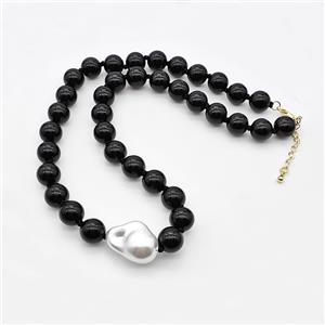 Natural Black Onyx Necklace With Pearl Smooth Round, approx 16-21mm, 10mm, 38-43cm length [BR11186]