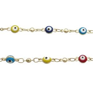 Copper Chain Multicolor Enamel Evil Eye Gold Plated, approx 4mm [CH10744]